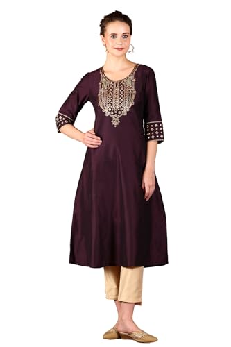 W for Woman Purple Solid Zari Embroidered A-Line Blend Kurta with Straight Pant and Dupatta Set (WS11970-222619-XL)