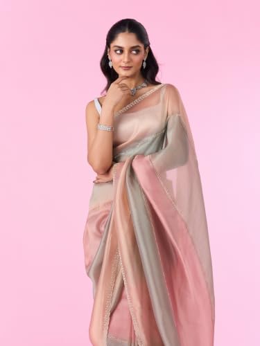 MOHEY Women's Organza Cutdana Work & Embellished Saree with Blouse Piece (Sea Green)