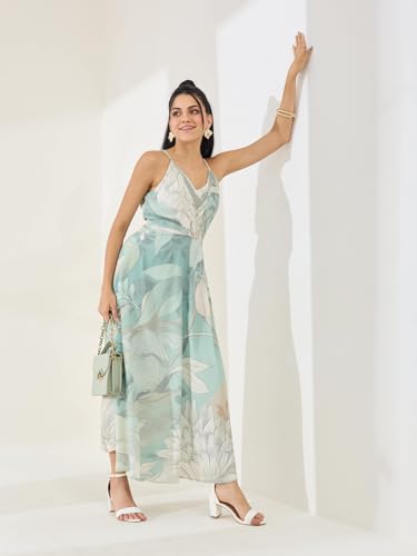 Latin Quarters Women's Green Printed Strappy V-Neck Casual Fit & Flared Dress_XL