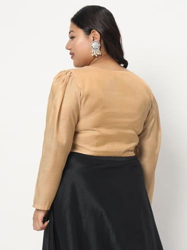 studio rasa Women's Plus Size Cotton Tissue Sheer Sleeves Readymade Saree Blouse for Wedding Festive Party (TPWPC223PS17-3XL_BL_Gold_3XL)