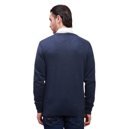 Colorplus Men's Tailored Fit Wool Blend Full Sleeve V Neck Jacquard Pattern Dark Blue Casual Sweater (Size: M)-CMWA03205-B6