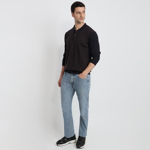 Raymond Men Contemporary Fit Structure Pattern Merino Wool Acrylic Blend Polo Neck Full Sleeve Casual Sweater Blue
