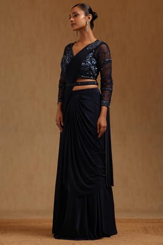 Soch Womens Navy Blue Spandex Solid Ready to Wear Saree