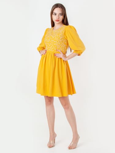 Zink London Women's Yellow Embroidered Flared Short Dress