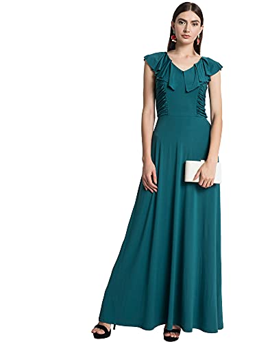 Kazo Women's Polyester A-Line Maxi Casual Dress (118812EVRGRNS_Dark Green_S)
