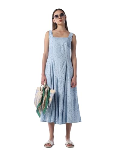 ONLY Women's Self Design Fit and Flare Blue Dress