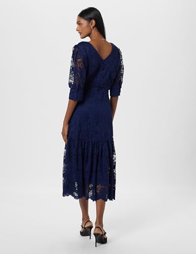 Styli Women's Navy Blue Puff Sleeves Lace Insert A-Line Midi Dress