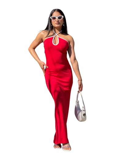 Tandul Women's Cotton Blend Shoulder Straps Red Dress - Maxi/Full Length Solid Fashion Small Size for Office, Casual, Festive & Party (12278)