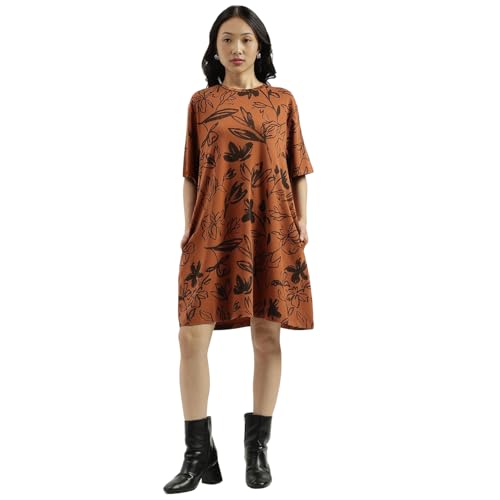 United Colors of Benetton Women's Cotton Blend Knee-Length Dresses (25A3SOCPT733I903_Brown