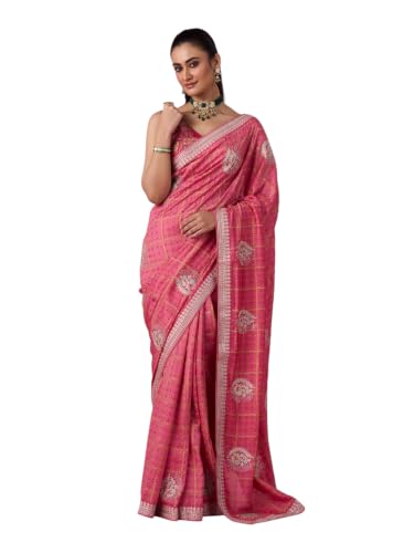 MOHEY Women's Art Silk Printed, Stone Work & Thread Work Saree with Blouse Piece (Pink)