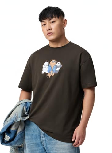 The Souled Store We Bare Bears: Cooligans Men and Boys Short Sleeves Round Neck Dark Olive Embroidered Cartoon Graphic Casual Lightweight Drop Shoulder Streetwear Trendy Cotton Oversized T-Shirt