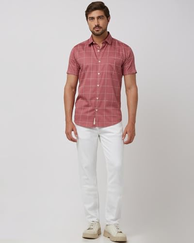 MUFTI Men Casual Shirt | Slim Fit Half Sleeve Spread Collar Checkered Design | 100% Cotton Breathable Fabric for Smart Casual & Everyday Wear| Muted Rose Pink 6XL