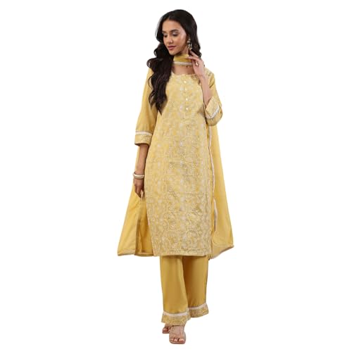 Biba Women Yellow Zari Cotton Tissue Straight Suit Set_32
