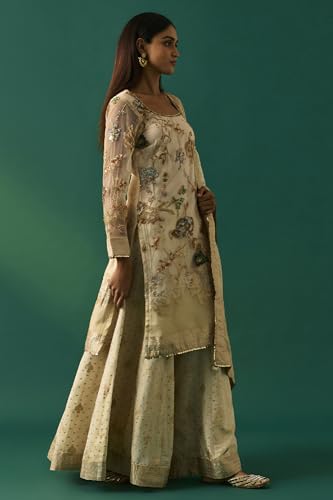Wishful Women's Beige Floral Embroidered Tissue Straight Kurta with Sharara and Dupatta Set - (SP11495-401103-XXL)