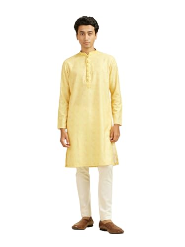 DIWAS BY MANYAVAR Men's Blended Cotton Printed Kurta Set (Yellow,XXL)