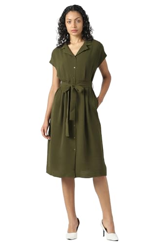 Women Olive Solid Knee Length Formal Dress