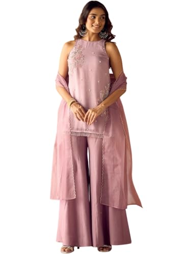 Women's Lavender Silk Blend Embroidered Kurti Set With Palazzo And Dupatta