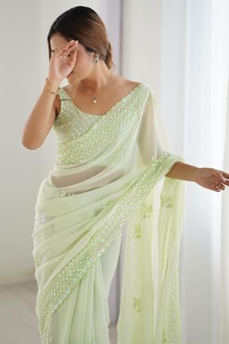 SGF11 Women's Georgette Silk and Sequence Work Saree With Unstiched Blouse Piece (Light Green)