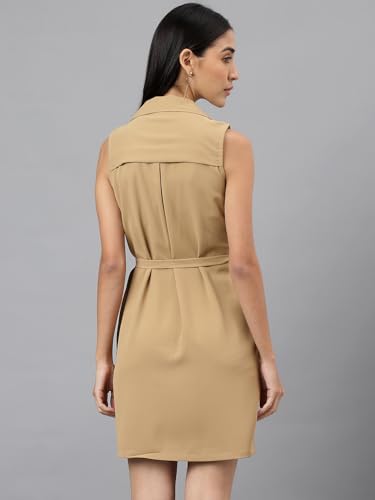 Latin Quarters Women Beige Sleeveless Collar Neck Women Shirt Dress_L