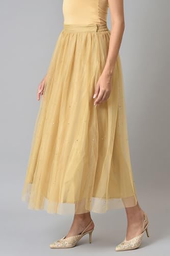 W for Woman Gold Solid Sequined Flared Mesh Skirt (W50471-218220-S)