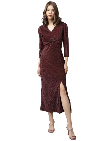 Latin Quarters Women's Maroon Front Slit Solid Maxi Dress_M