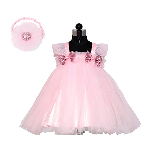 PINK WINGS Baby Girl Net Tulle Knee Length Tutu Frock with Headband (3-4 Years, Pink)