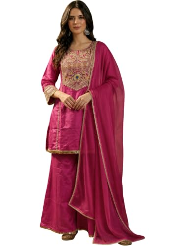Women's Crepe Embroidered Kurta Set With Dupatta And Palazzo