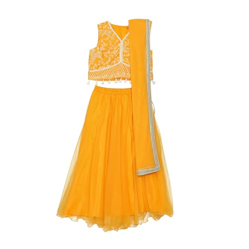 BIBA Girl's Solid Straight Polyester Readymade Lehenga Choli Set (Kwwhite Blooms5966_Yellow_9)
