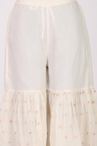 Wishful Women's Off White Thread Embroidered Chanderi Straight Kurta with Sharara and Dupatta Set - (SP13782-400520-M)