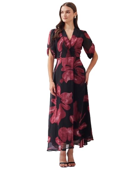 Latin Quarters Women's Black Half Sleeves V-Neck Printed Casual Maxi Dress_M