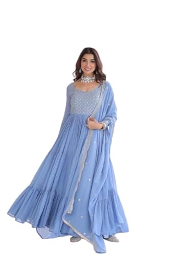 PRISTIQ Fashion Faux Georgette Anarkali Dress Set with Dupatta, Embroidered, Traditional Indian Ethnic Wear, (in, Alpha, 2XL, Regular, Sky)