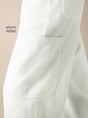 The Souled Store Pull on Denim: Astral White Women and Girls Elastic Waistband White Solid Cotton Lightweight Utility Casual Trendy Straight Fit Cargo Pants