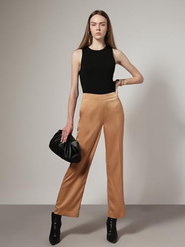 VERO MODA Women's Straight Fit High Rise Beige Pants