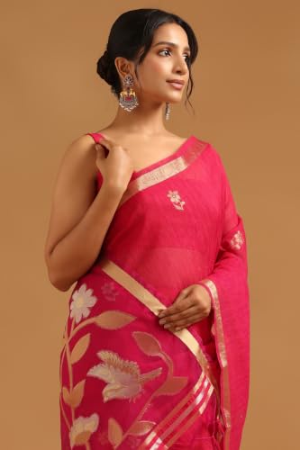 Soch Womens Fuchsia Organza Zari Woven Botanical Tassels Saree