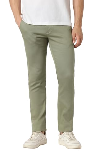Men Green Textured Slim Fit Casual Trousers
