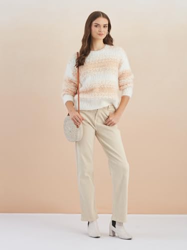 Latin Quarters Women's White Full Sleeves Round Neck Knitted Casual Regular Sweater_M