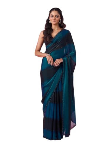 MOHEY Women's Organza Printed & Stone Work Saree with Blouse Piece (Teal Blue)
