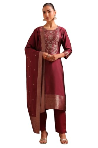 Soch Womens Wine Organza Botanical Zari Woven Hand Embroidered Salwar Suit