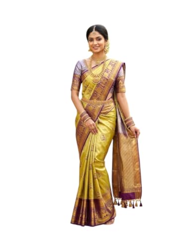 VFCollections Women's Traditional Handloom Kanchipuram Silk Pure Pattu Sarees | Rich Zari Woven Design | Unstitched Blouse (VFC483-3)