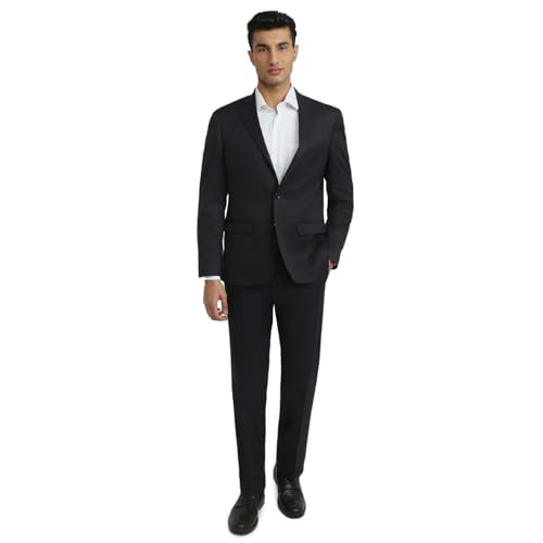 Raymond Men Contemporary Fit Solid Pattern Poly Viscose Blend Notch Lapel Full Sleeve Formal Suit Blue