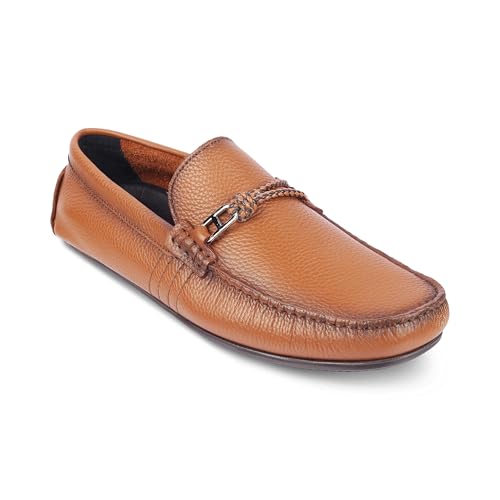 tresmode MONOC Men's Driving Loafers Leather Shoes Tan, 7 UK / 41 EU - Round Toe TPR Sole Casual Footwear Penny Soft - Light Weight, Comfortable and Long Life