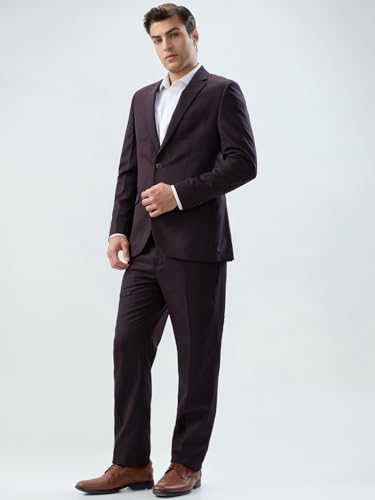 Raymond Men Contemporary Fit Checks Pattern Polyester Blend Notch Lapel Full Sleeve Formal Suit Maroon