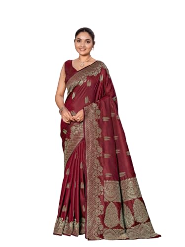 MANOHARI Women's Most Trendy Banarasi Woven Maroon Saree With Heavy Jacquard Work Saree With Blouse Piece