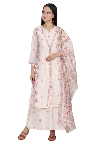 W for Woman Off-White Floral Print Lace Straight Kurta with Inner Flared Pant and Dupatta Set (WS13083-126482-S)