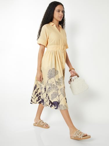 Max Women Floral Print Midi Shirt Dress(White_S)