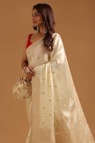 Soch Womens Cream Satin Paisley Zari Woven Saree
