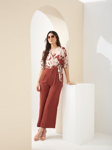 Latin Quarters Women Rust V- Neck Short Sleeves Wrap Printed Casual Jumpsuit_L