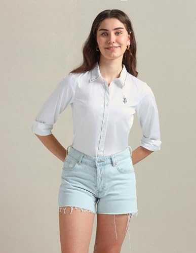 U.S. POLO ASSN. Women's Contrast Saddle Stitch Cotton Shirt (UWSS24SH136_White_XS)