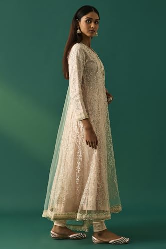 Wishful Women's Beige Floral Embroidered Anarkali Net Kurta with Churidar and Dupatta Set - (SP11502-401093-L)