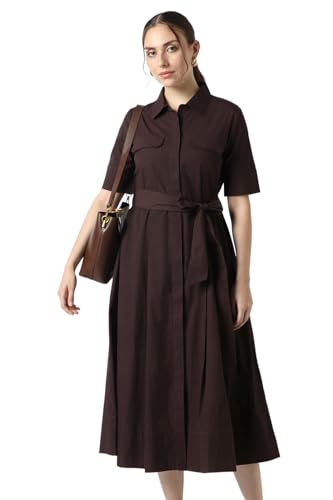 Women Brown Solid Calf-Length Casual Dress